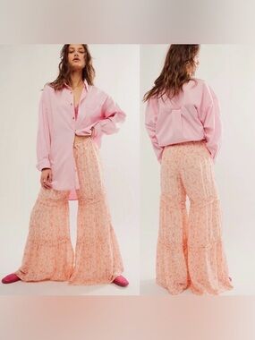 Free People Pink Floral Wide Leg Pants Size Small
